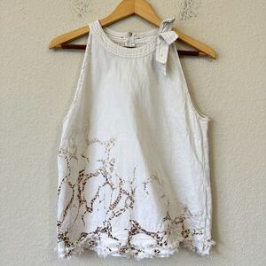 MARC CAIN Top White Animal Print Sleeveless Fringed Cotton Blend